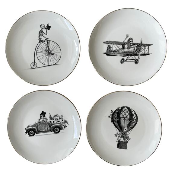 Eaton Fine Dining Halloween Appetizer Plates 7.5" Ceramic Set of 4 White Black - Picture 1 of 8